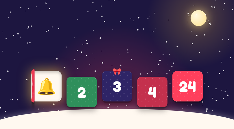Advent calendar doors in the snowy night, door 1 open on a golden bell